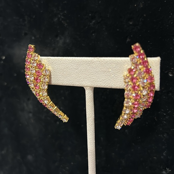 Pink and Clear Curved Crystal Earrings-Boutique - Picture 3 of 7